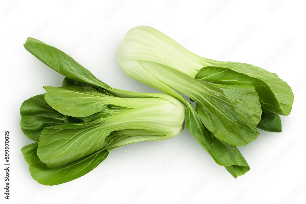 Fresh pak choi cabbage isolated on white background. Top view. Flat lay Fresh pak choi cabbage isolated on white background. Top view. Flat lay