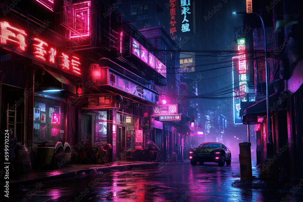 Futuristic cyberpunk city street under glowing light of neon signs. Generative AI