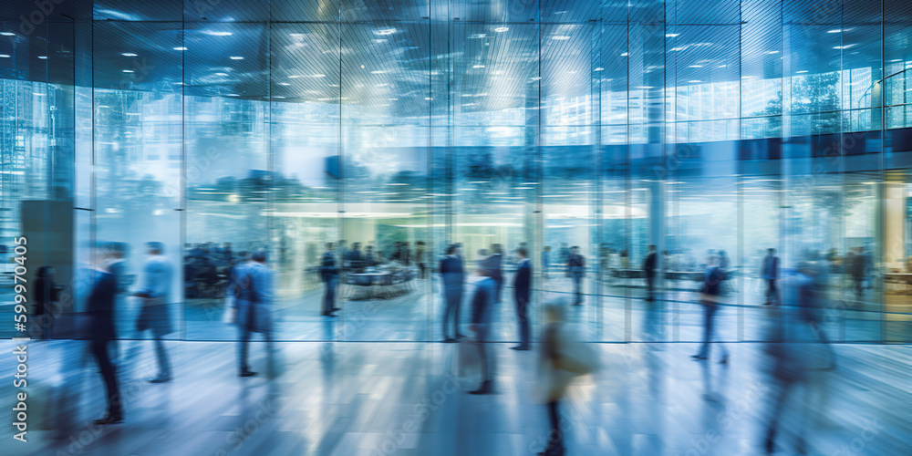 Long exposure banner of busy crowded office hallway with business people. Generative AI