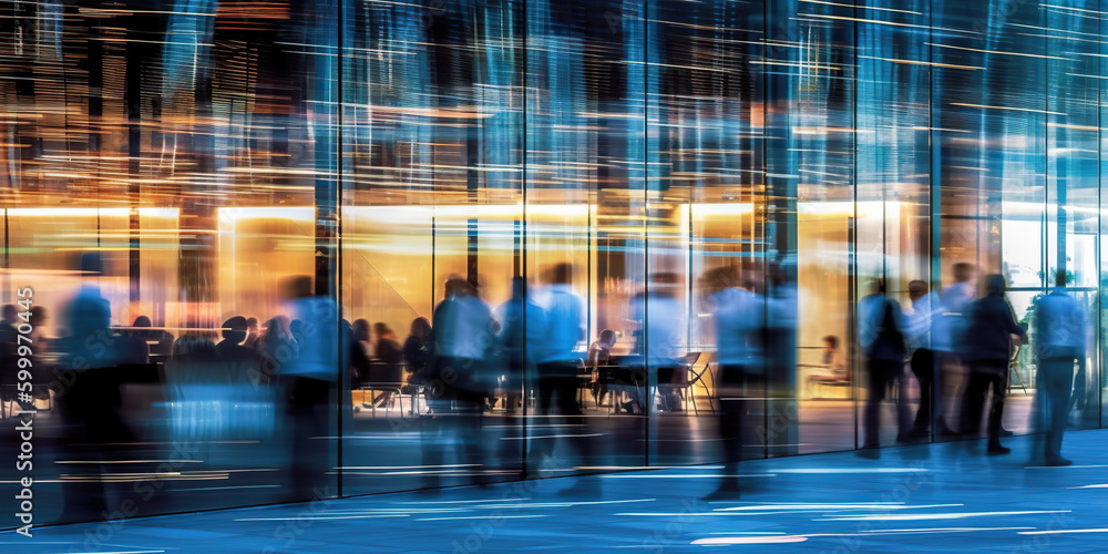 Obraz premium Long exposure banner of busy crowded office hallway with business people. Generative AI