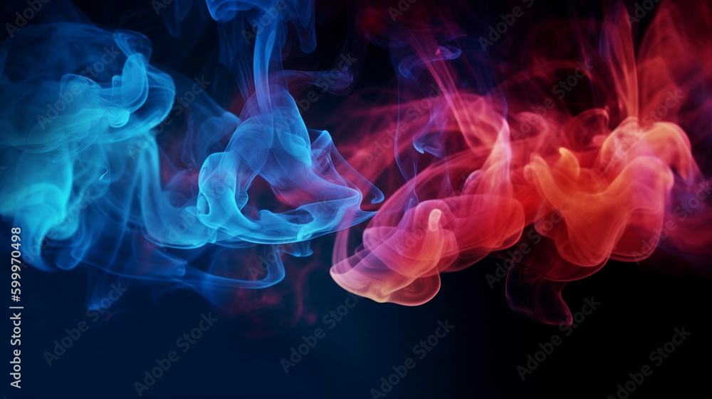 Fototapeta premium Color smoke abstract background. Cold and hot contrast. Defocused blue red contrast. Vapor floating cloud texture. Generative AI