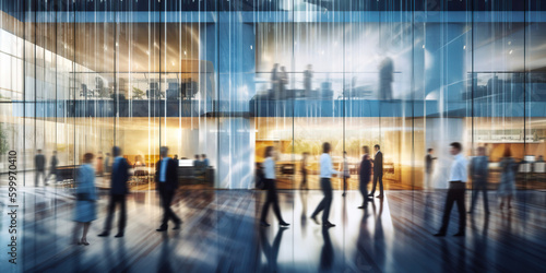 Long exposure banner of busy crowded modern office hallway with business people. Generative AI