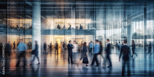 Long exposure banner of busy crowded modern office hallway with business people. Generative AI