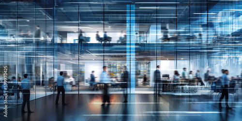 Long exposure banner of busy crowded office hallway with business people. Generative AI