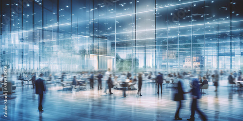 Long exposure banner of busy crowded modern office hallway with business people. Generative AI