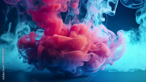 Color smoke abstract background. Cold and hot contrast. Defocused blue red contrast light glowing vapor floating cloud texture. Generative AI