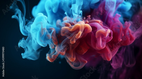 Color smoke abstract background. Cold and hot contrast. Defocused blue red contrast. Vapor floating cloud texture. Generative AI