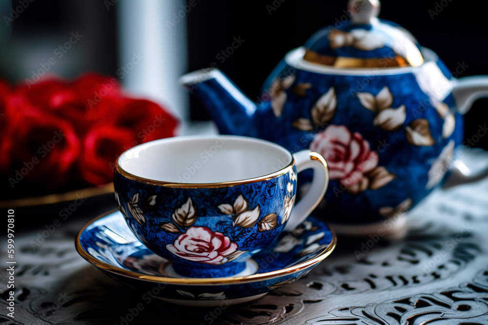Intricately designed ceramic teacups with a matching teapot. Intricately designed ceramic teacups with a matching teapot.
