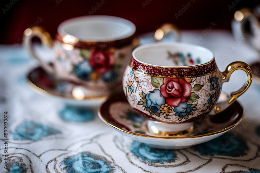 Fototapeta premium Intricately designed ceramic teacups with a matching teapot.
