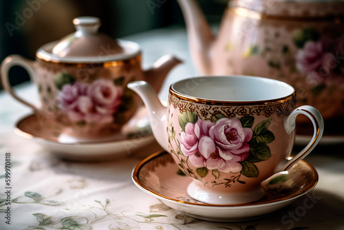 Intricately designed ceramic teacups with a matching teapot.