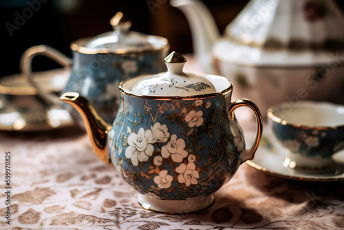 Intricately designed ceramic teacups with a matching teapot.