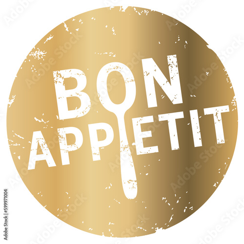 Fototapete goldener Button Bon Appetit mit Löffel, zerkratzt