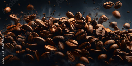 Flying coffee beans background. Close-up brown coffee beans banner. generative ai. Closeup coffee grains background