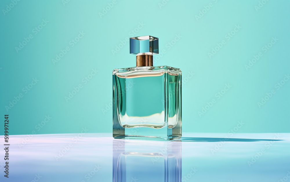 Elegantly poised perfume bottle on a reflective surface, basking in the cool azure ambience of minimalism. Elegantly poised perfume bottle on a reflective surface, basking in the cool azure ambience of minimalism.