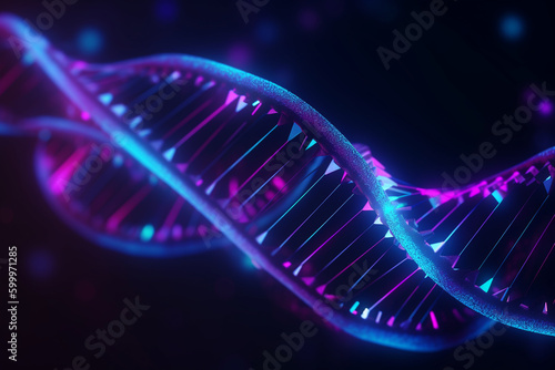 Abstract DNA strands in blue and purple. DNA, background Generative AI