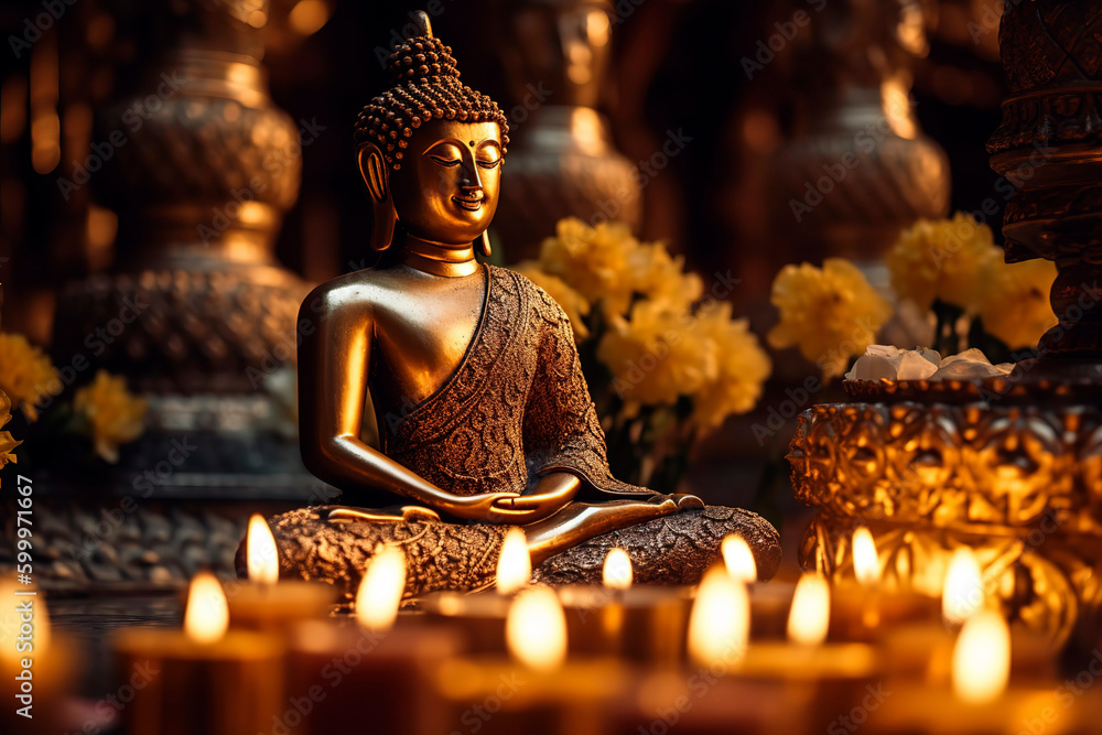 Buddha statue, adorned with gold leaf and surrounded by intricate carvings, bathed in the soft, warm light of candles during Vesak Day. Buddha statue, adorned with gold leaf and surrounded by intricate carvings, bathed in the soft, warm light of candles during Vesak Day.
