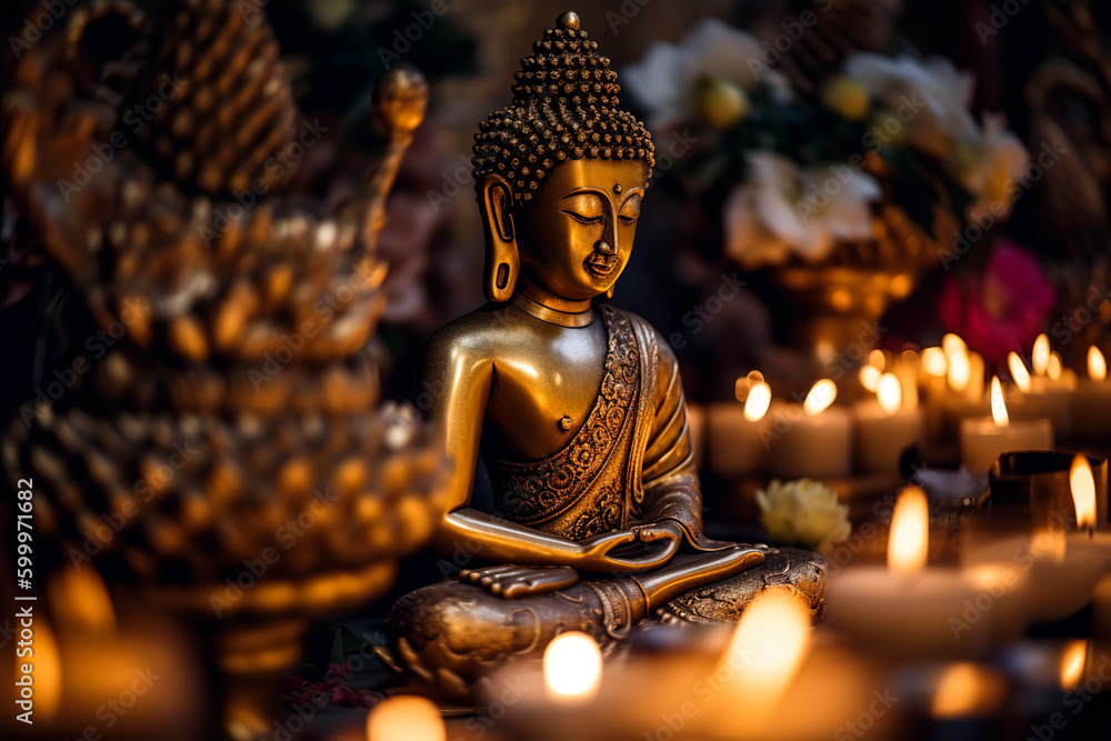 Buddha statue, adorned with gold leaf and surrounded by intricate carvings, bathed in the soft, warm light of candles during Vesak Day.