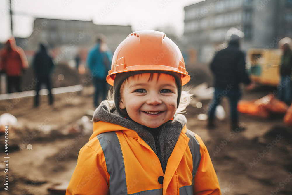 Portrait of a child construction worker wearing hard hat. Generative ai. Portrait of a child construction worker wearing hard hat. Generative ai.