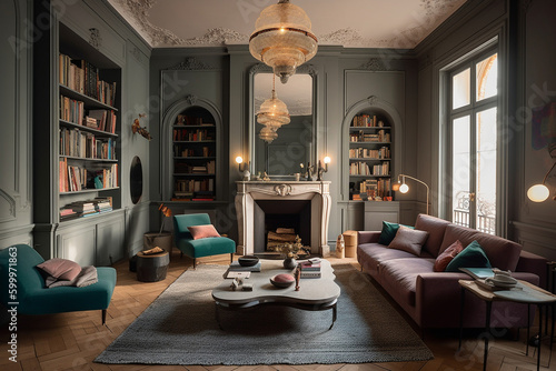 Salon confortable et accueillant dans une maison ou appartement bourgeois, cheminée eu feu de bois. IA générative