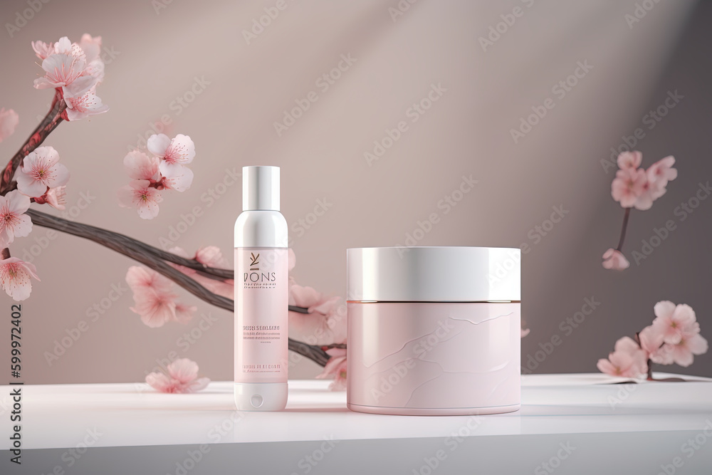 Various glass bottles and jars filled with beauty products, pink background with almond blossoms, generative AI. Various glass bottles and jars filled with beauty products, pink background with almond blossoms, generative AI.