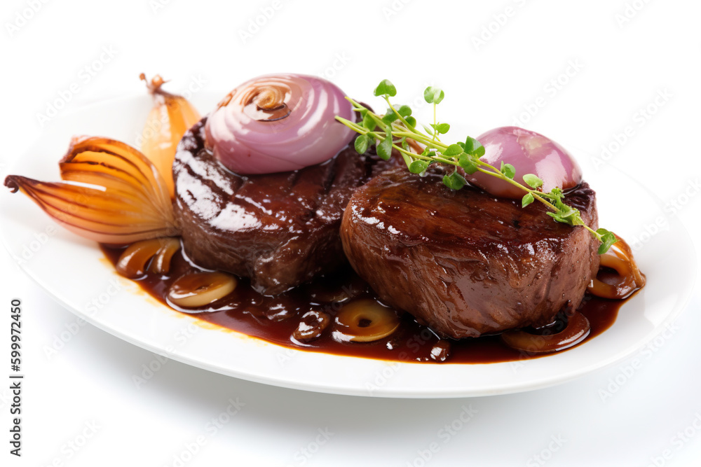Bistek Tagalog dish, white plate topped with beefsteak and fried onions