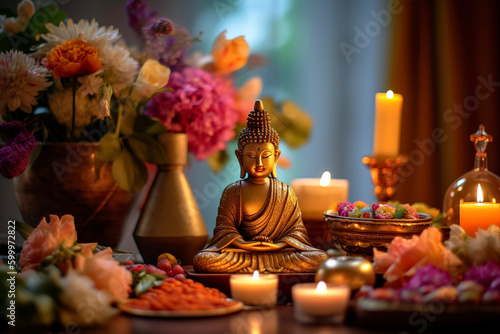 Vesak Day offering table  featuring an array of vibrant flowers  incense sticks  and candles placed thoughtfully in front of a Buddha statue.