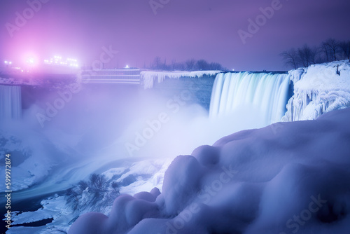 A frozen waterfall at night with lights on. Generative AI.