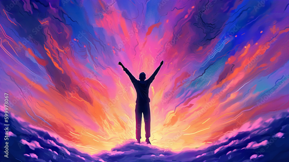 Illustration silhouette of a young man with arms outstretched against an epic starry night sky background. A.I. generated.
Illustration silhouette of a young man with arms outstretched against an epic starry night sky background. A.I. generated.