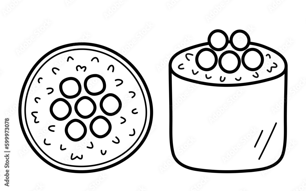 Hosomaki with red caviar. Sushi roll topped with Ikura (salmon roe