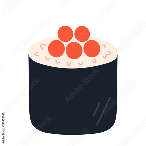 Ikura maki. Hosomaki sushi roll with rice, red caviar and nori seaweed. Hand-drawn colored flat vector illustration isolated on white background.