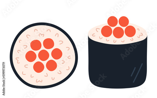 Sushi roll with red caviar. Ikura maki. Japanese food. Top and side view. Flat vector illustration isolated on white background.