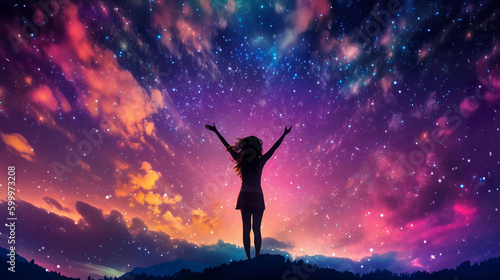 Illustration silhouette of a young woman with arms outstretched against an epic starry night sky background. A.I. generated. 