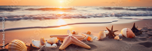 Seashells and starfish on a sandy beach at sunset, generative ai