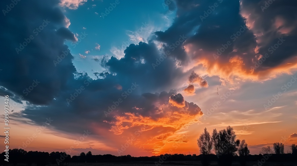dramatic orange clouds in the blue sky at sunset Generative AI