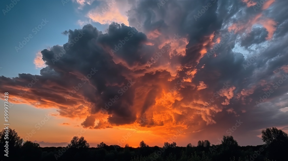 dramatic orange clouds in the blue sky at sunset Generative AI