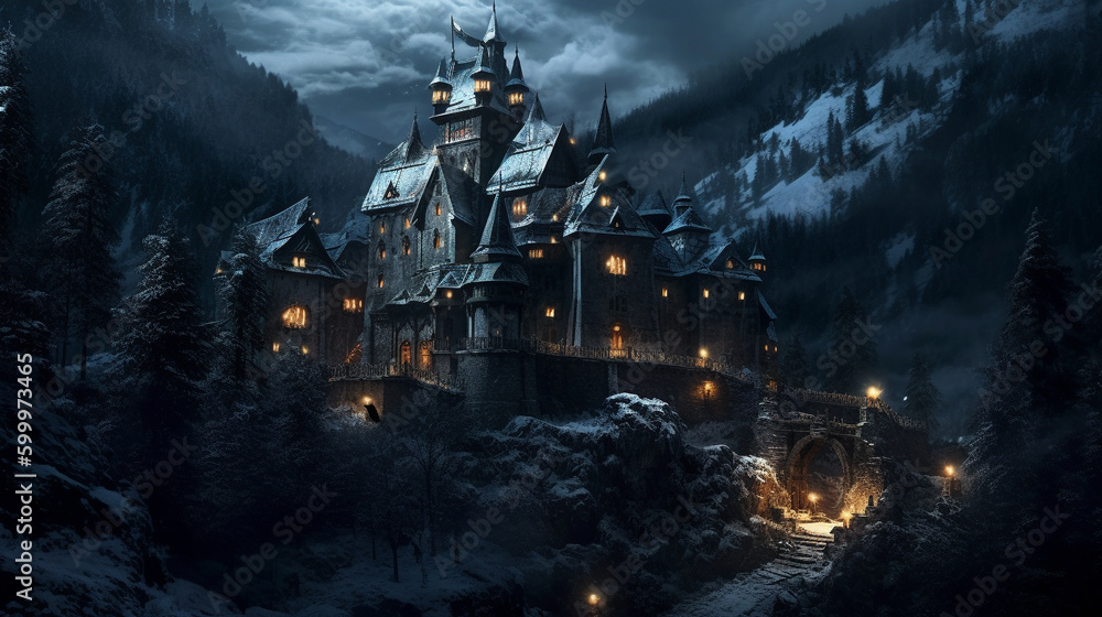 Illustration of a dark and foreboding castle in the mountains at night. Generative AI. 