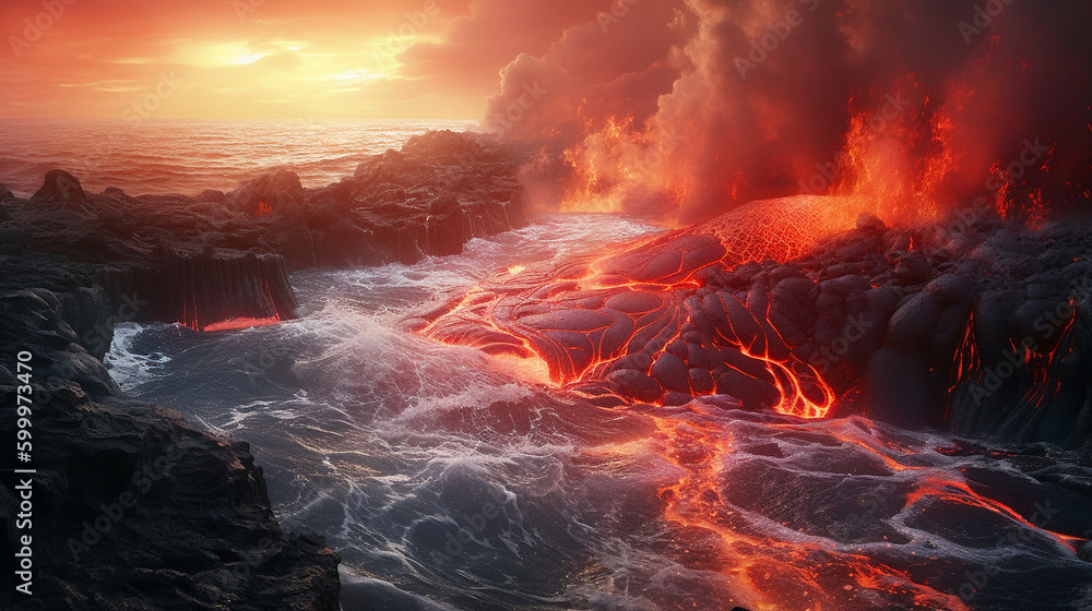 Illustration  of lava flowing on cooling rocks, Hawaii, but could be anywhere.  Generative AI. 