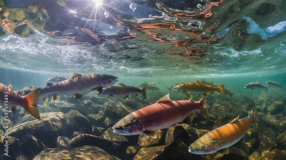 Illustration of spawning salmon in a beautiful river. Generative AI. Illustration of spawning salmon in a beautiful river. Generative AI.