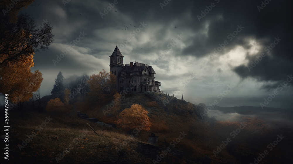 Obraz premium Illustration of a haunted mansion on a hill. Generative AI. 