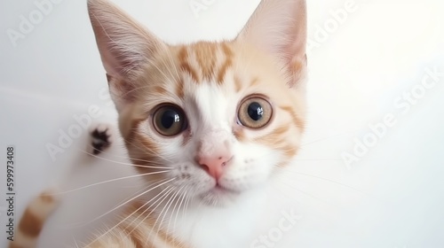 playful kitten makes selfie on a white background Generative AI