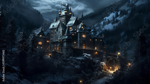 Illustration of a dark and foreboding castle in the mountains at night. Generative AI. 