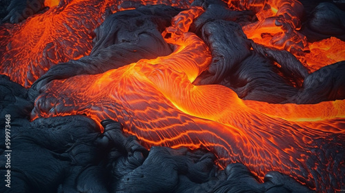 Illustration  of lava flowing on cooling rocks, Hawaii, but could be anywhere.  Generative AI. 