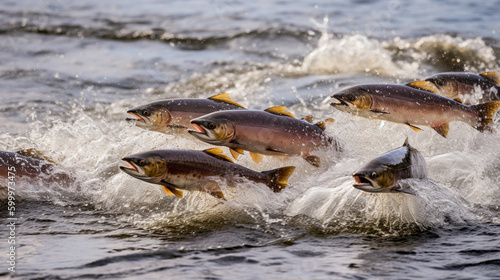 Illustration of spawning salmon in a beautiful river. Generative AI. 