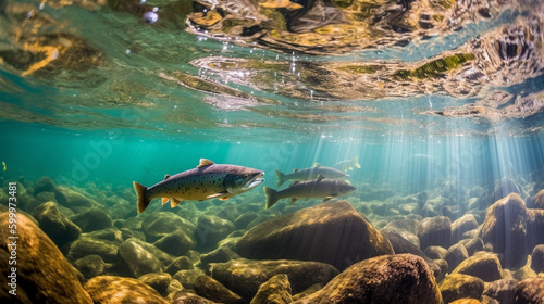 Illustration of spawning salmon in a beautiful river. Generative AI.  photo