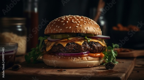 Close-up home made beef burger on wooden table Generative AI