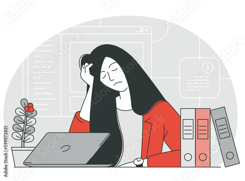 Tired burnout woman at work.