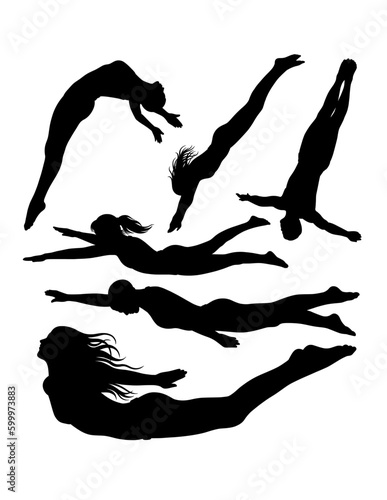 Male and female athlete acrobat jumping, swimming, snorkeling and diving sport action silhouette