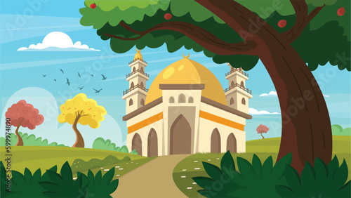 Vector illustration of Islamic mosque building with green golden in the garden