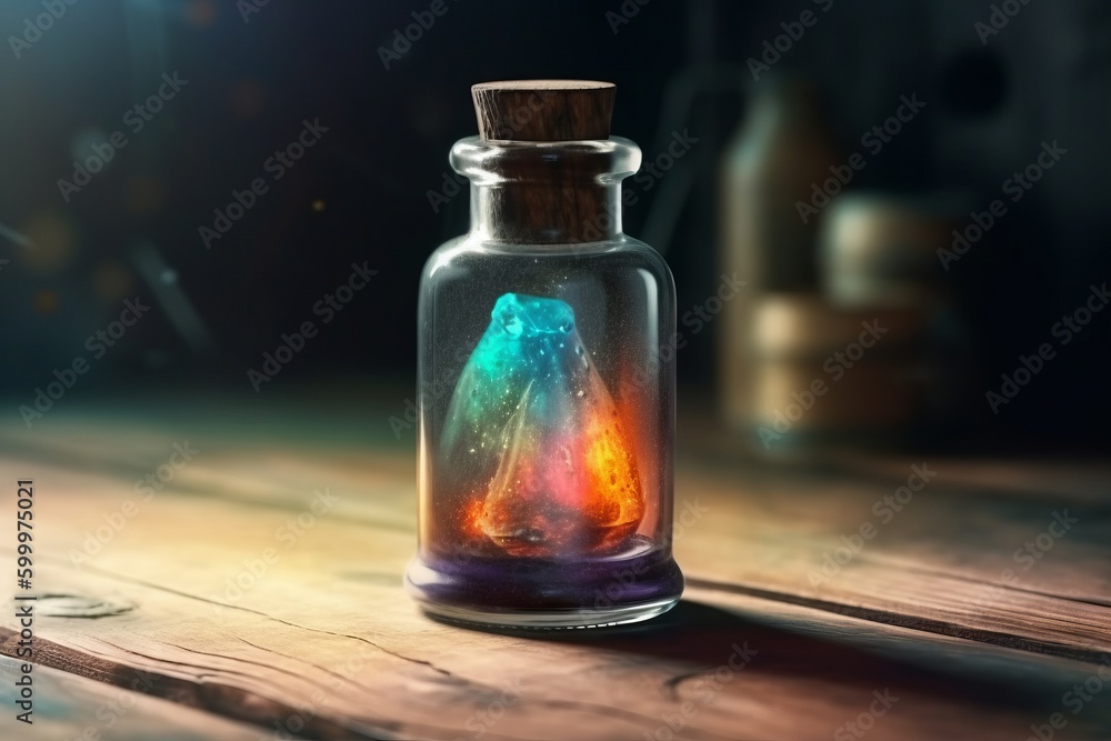 Charming Witchcraft Bottle of Poison on Wooden Table, Full of Color and Mystery, Generative AI Charming Witchcraft Bottle of Poison on Wooden Table, Full of Color and Mystery, Generative AI