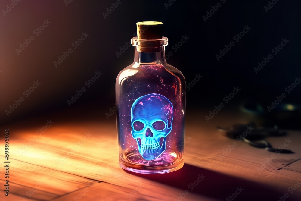 Charming Witchcraft Bottle of Poison on Wooden Table, Full of Color and Mystery, Generative AI Charming Witchcraft Bottle of Poison on Wooden Table, Full of Color and Mystery, Generative AI